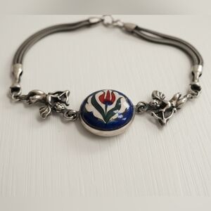 Vintage Turkish Ottoman Revival  Tulip Ceramic & Cupid Link Bracelet 925